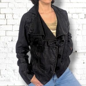 CAbi Black Waxed Linen Cascade Ruffle Biker Bomber Jacket ~ EUC